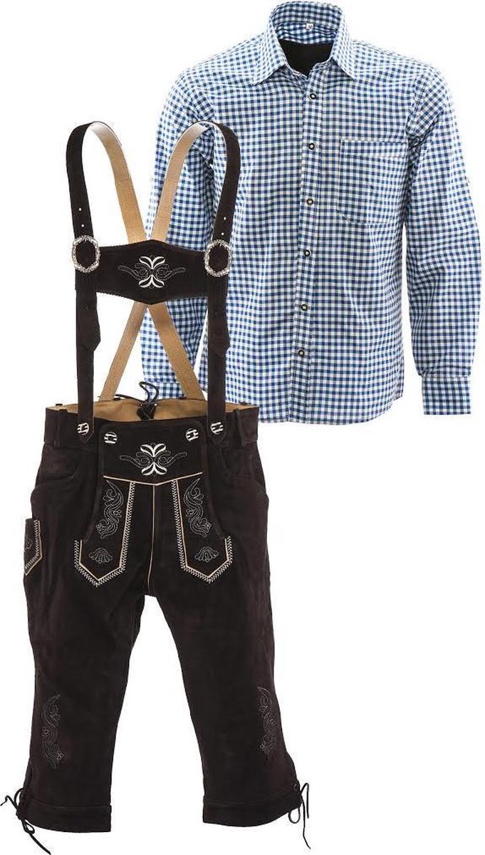 Lederhosen set | Top Kwaliteit | Lederhosen set C (bruine broek + blauw overhemd), L, 56